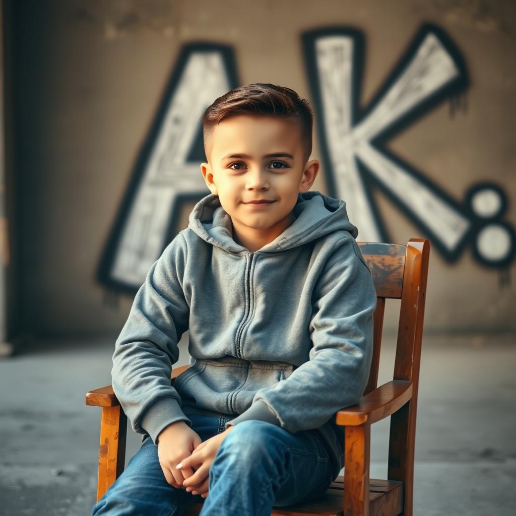 A young boy sitting comfortably on a wooden chair, wearing a stylish hoodie, with a casual and relaxed expression