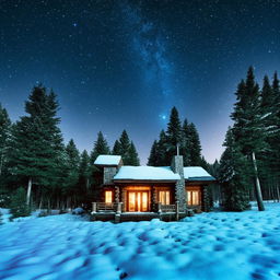 Generate an image of a cozy, rustic log cabin amidst a snowy forest under a night sky filled with stars.