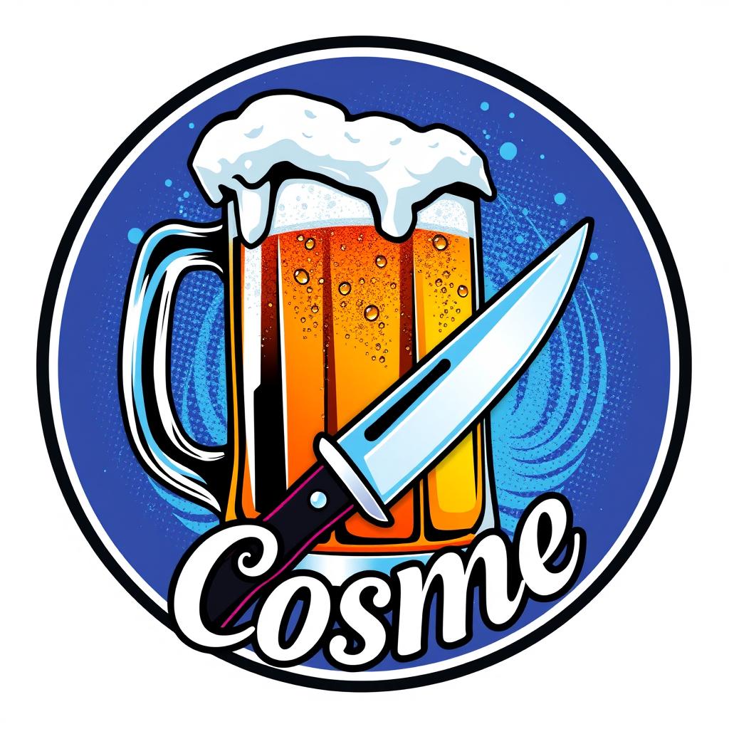 A round logo design for a crew named 'Cosme', featuring a backdrop of a frosty beer mug with condensation, vibrant colors representing fun and camaraderie