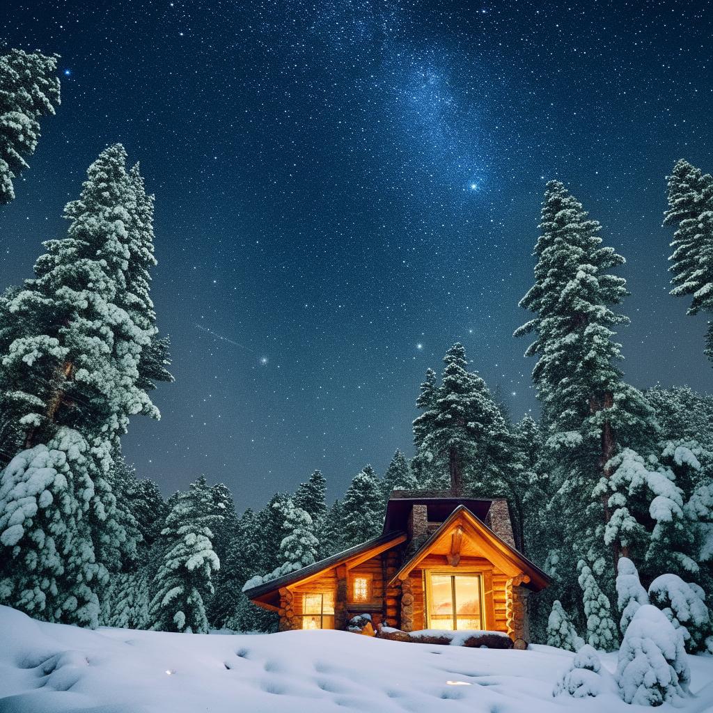 Generate an image of a cozy, rustic log cabin amidst a snowy forest under a night sky filled with stars.