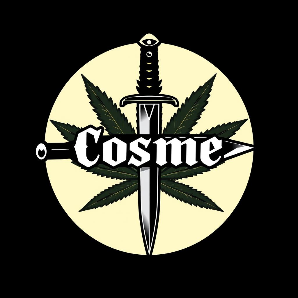 A round logo design for a crew named 'Cosme', featuring a horizontal dagger as the central element across the middle of the logo