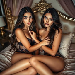 Two gorgeous young tan Arabic twin sisters with long, flowing brunette hair, showcasing their thin and petite frames, small cup sizes, and small booties, dressed in alluring lingerie
