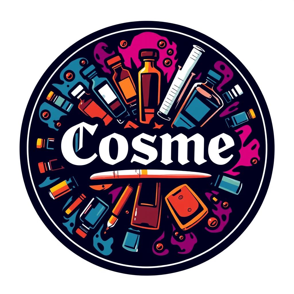 A round logo design for a crew named 'Cosme', featuring a vibrant and edgy background showcasing various drug-themed elements such as small bottles and a cigarette, artistically arranged to create a striking visual effect