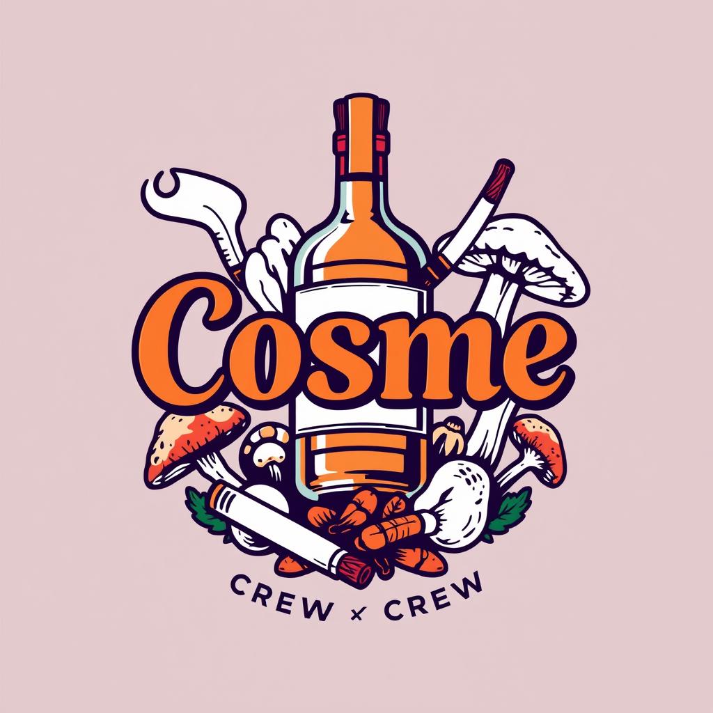 A round logo design for a crew named 'Cosme', featuring an artistic arrangement of elements including a whisky bottle, a cigarette, and mushrooms, all harmoniously integrated into the design