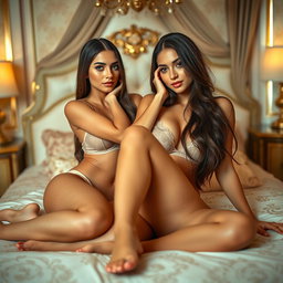 Two gorgeous young tan Arabic twin sisters with long, flowing brunette hair, showcasing their thin and petite frames, small cup sizes, and small booties, dressed in alluring lingerie