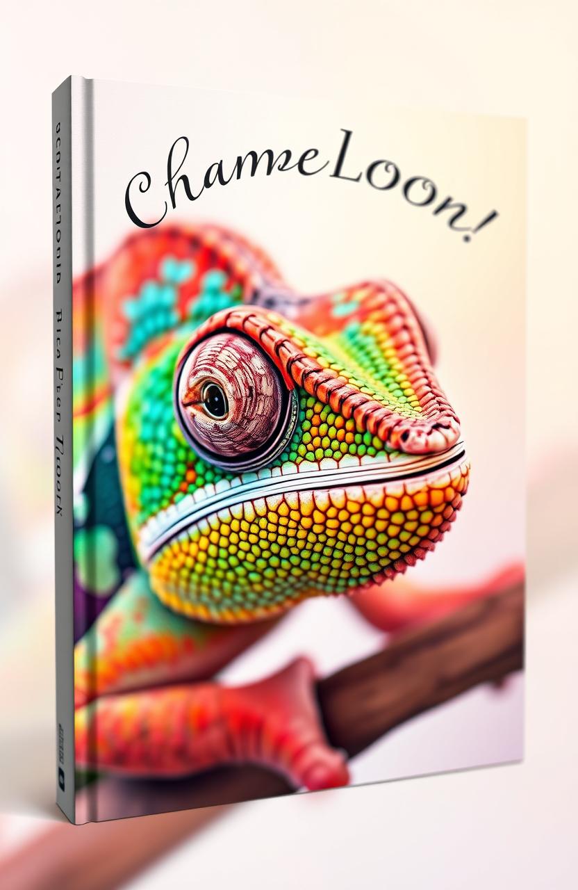 A stunning book cover featuring a detailed illustration of a chameleon in close-up