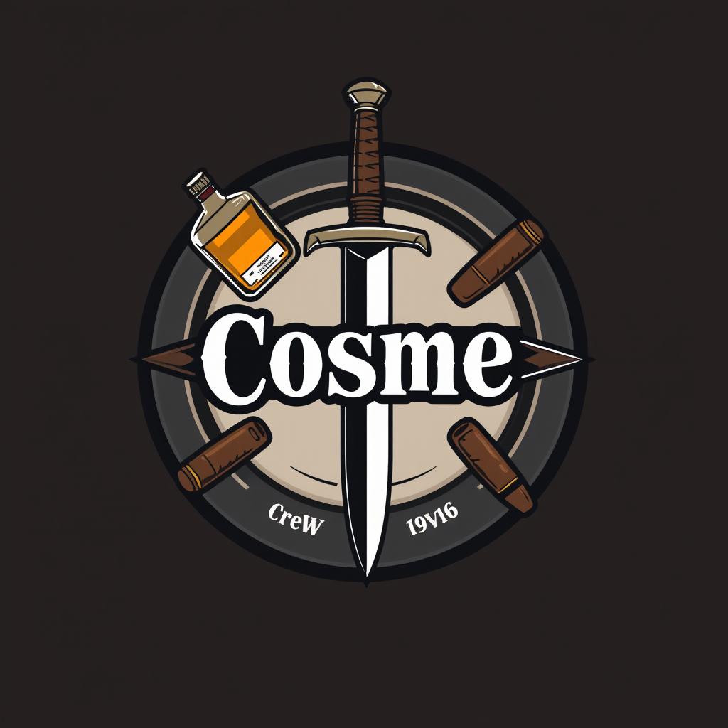 A round logo design for a crew named 'Cosme', featuring a horizontal dagger at the center, flanked by a whisky bottle and a cigar artistically arranged around it