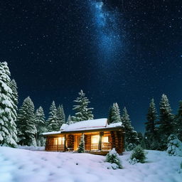 Generate an image of a cozy, rustic log cabin amidst a snowy forest under a night sky filled with stars.