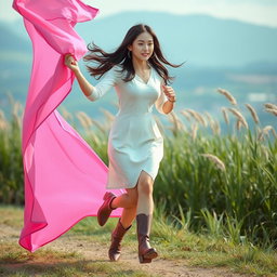 A beautiful Korean woman wearing a knee-length white dress and stylish boots, running gracefully while holding up a pink fabric fluttering in the wind