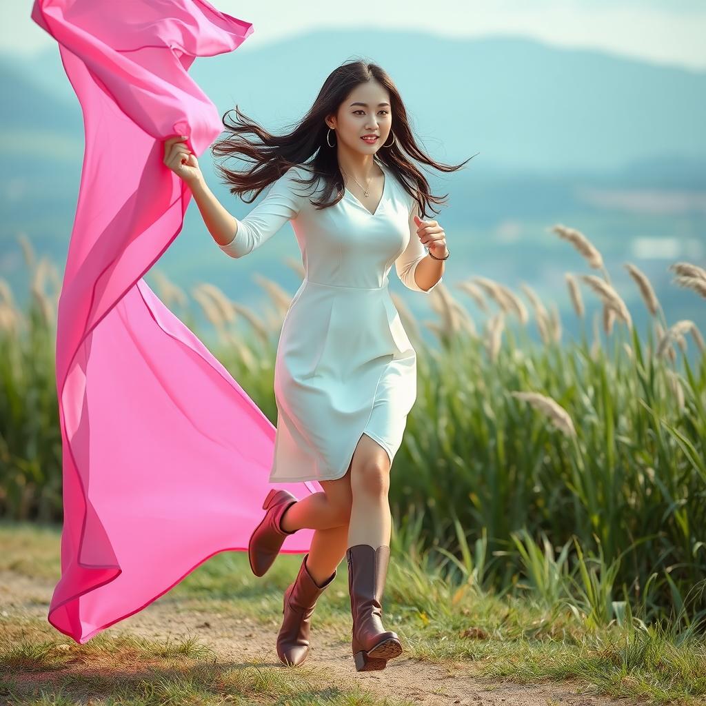 A beautiful Korean woman wearing a knee-length white dress and stylish boots, running gracefully while holding up a pink fabric fluttering in the wind