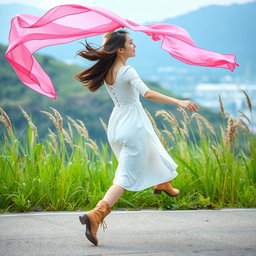 A beautiful Korean woman wearing a knee-length white dress and stylish boots, running gracefully while holding up a pink fabric fluttering in the wind