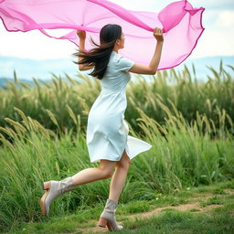 A beautiful Korean woman wearing a knee-length white dress and stylish boots, running gracefully while holding up a pink fabric fluttering in the wind