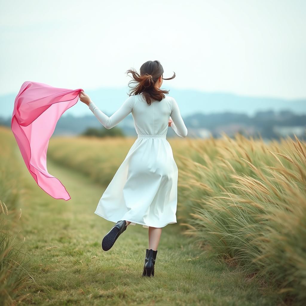 A beautiful Korean woman wearing a knee-length white dress, paired with stylish boots, running gracefully while waving a pink fabric in the air, blown by the wind