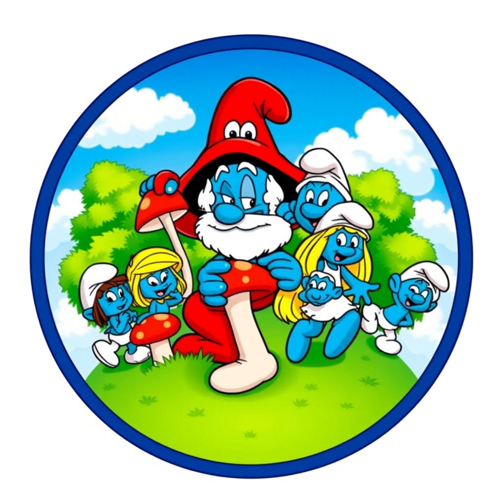 A round logo featuring the Smurfs and Gargamel all within the circle