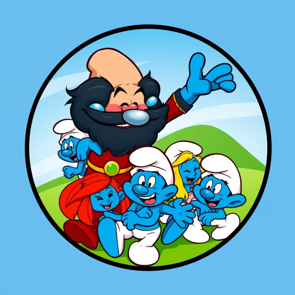A round logo featuring the Smurfs and an old man with black hair who is partly bald, named Gargamel, all within the circle