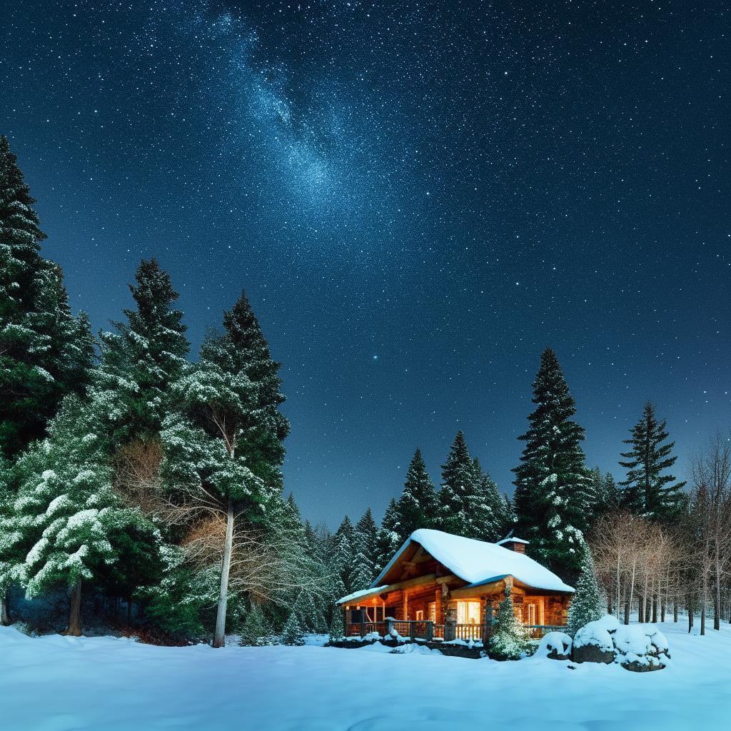 Generate an image of a cozy, rustic log cabin amidst a snowy forest under a night sky filled with stars.