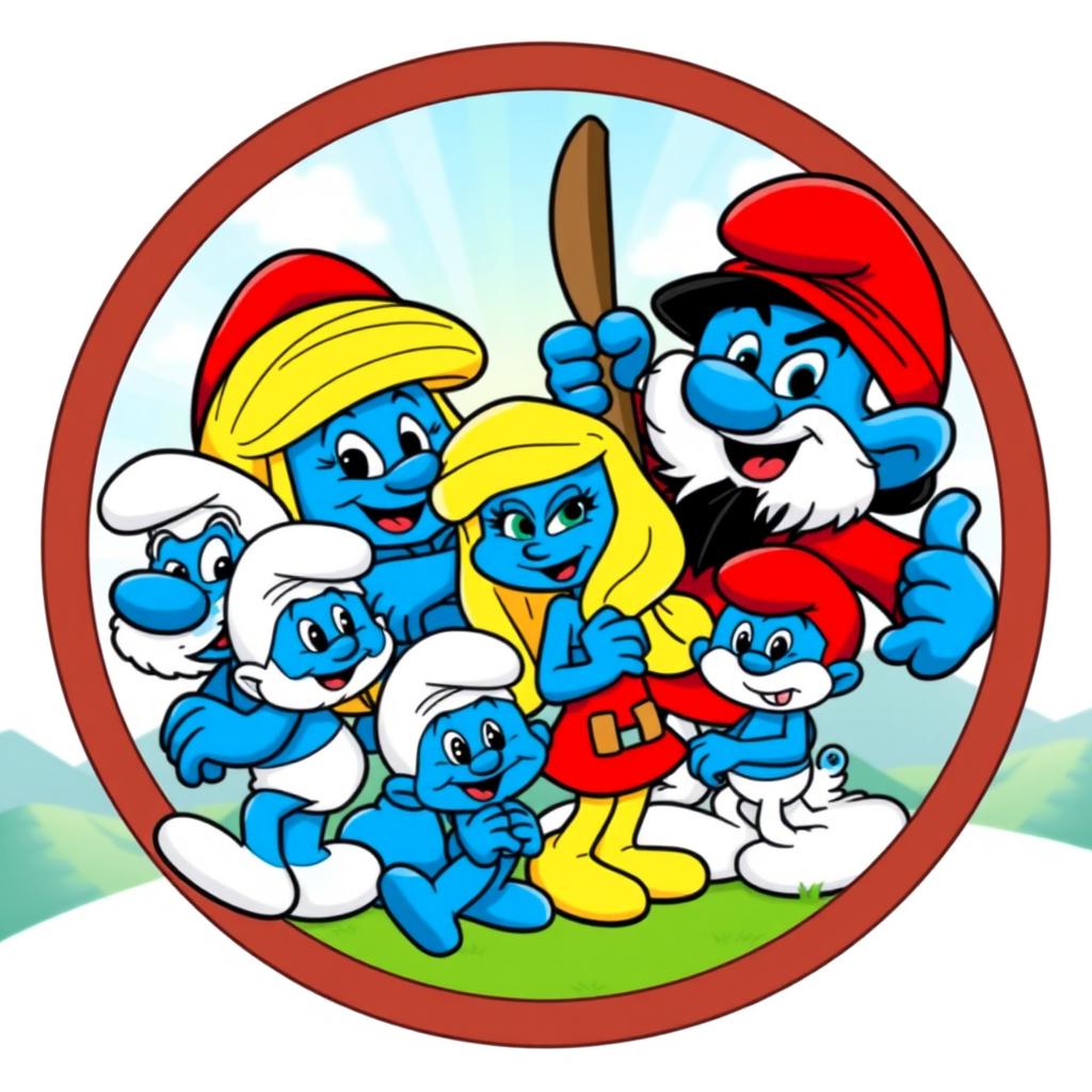 A round logo featuring the Smurf family, including Grandpa Smurf, a blonde Smurfette, a young Smurf child, and the carpenter Smurf, all within the circle along with Gargamel, who is depicted with black hair and balding