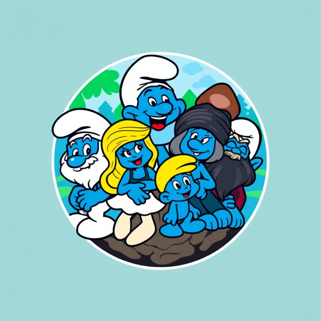 A round logo design featuring the Smurf family inside a circle