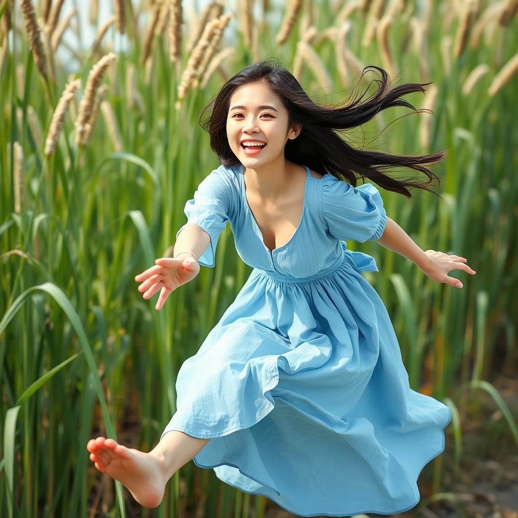 A beautiful Korean woman in a knee-length blue dress, filled with excitement, flying through the air as she reaches forward towards something with her hand