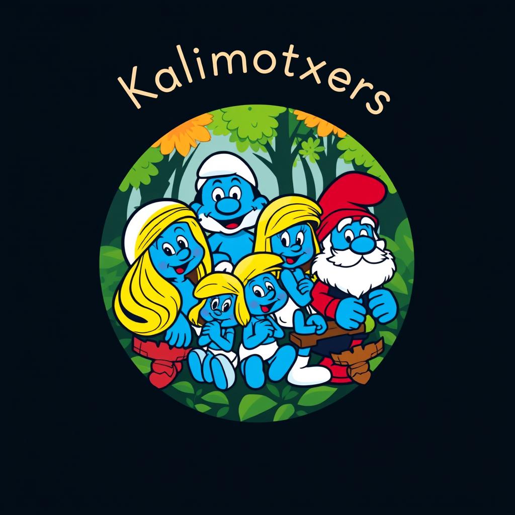 A round logo design featuring the Smurf family inside a circle