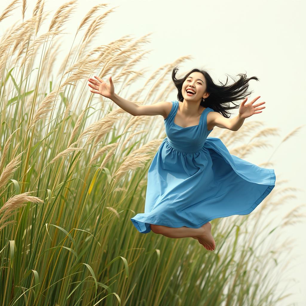 A beautiful Korean woman joyfully flying through the air wearing a knee-length blue dress, reaching out with her hands as if trying to grasp something ahead of her