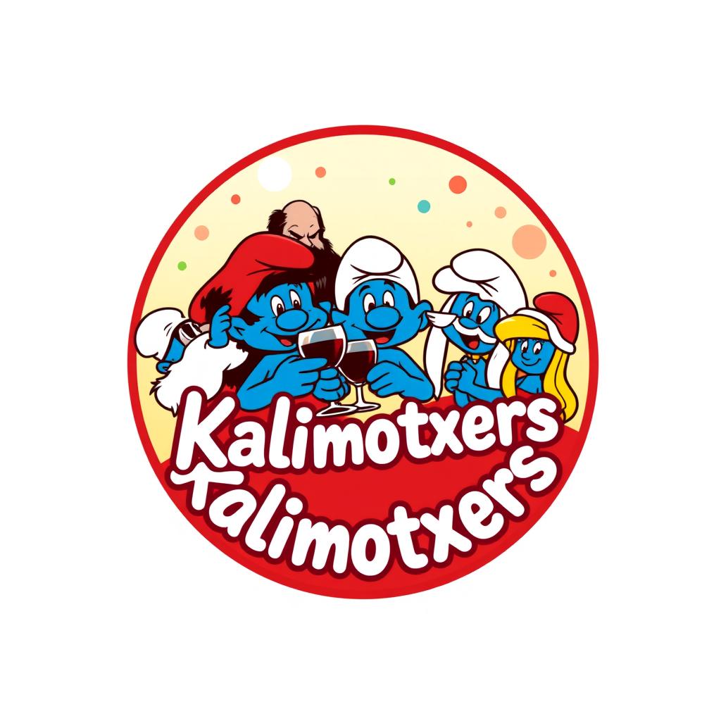 A round logo design featuring the Smurf family inside a circle