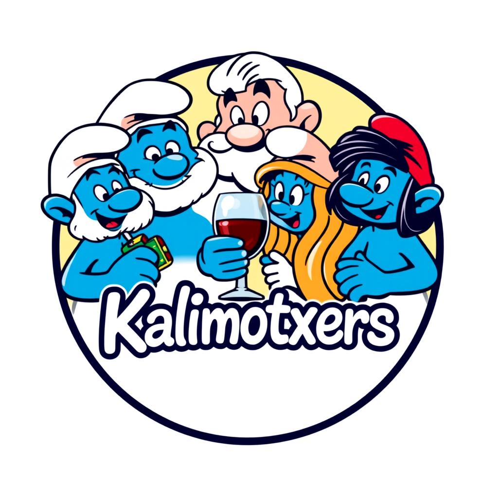 A round logo design featuring the Smurf family inside a circle