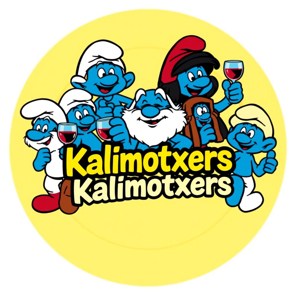 A round logo design featuring the Smurf family inside a circle