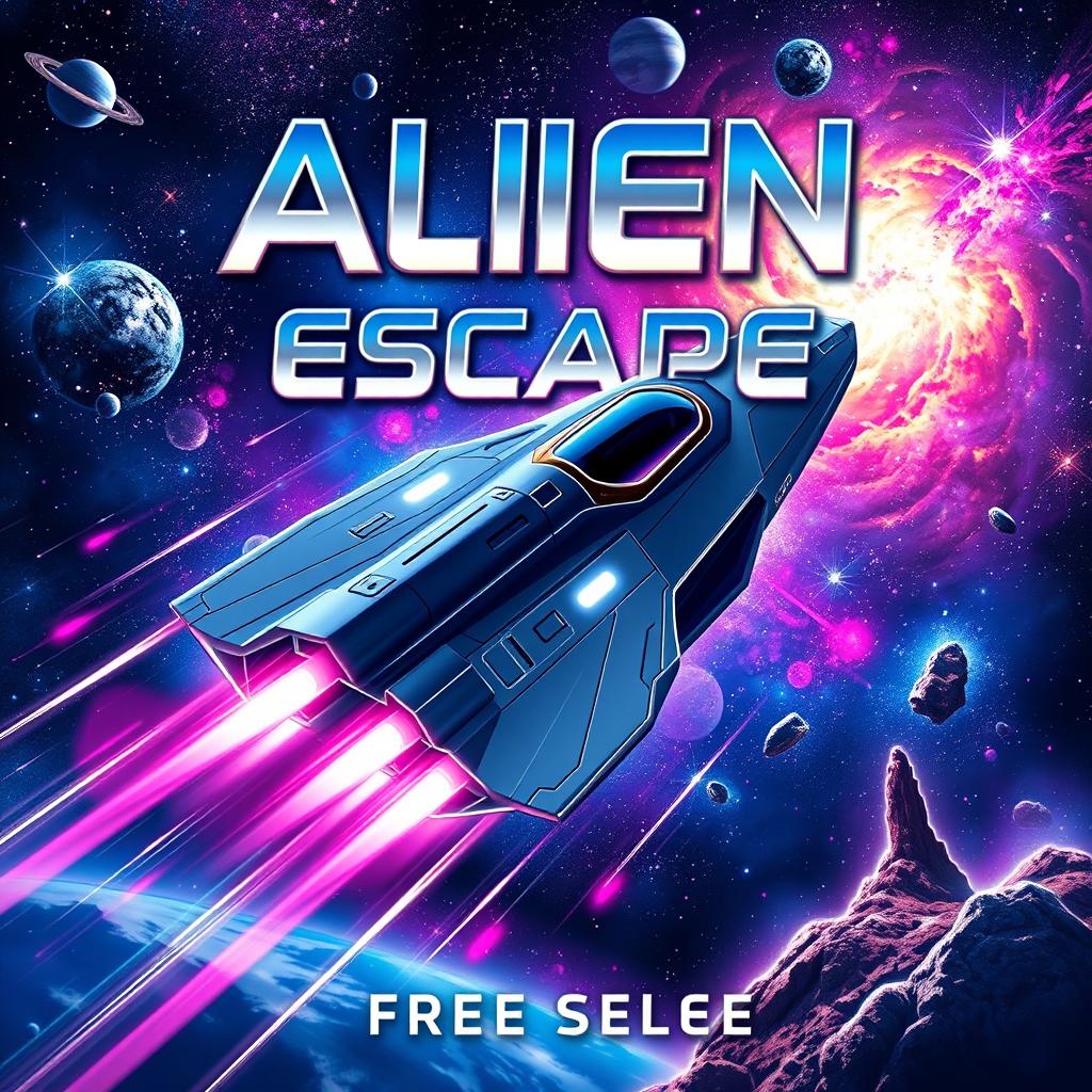 A thrilling and dynamic book cover for 'Alien Escape', featuring a dramatic scene of a futuristic spaceship racing through a vibrant galaxy