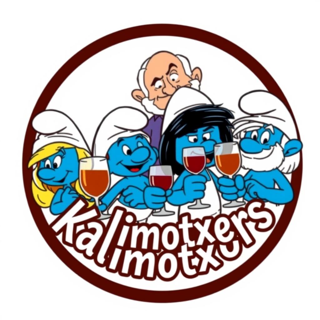 A round logo featuring the Smurf family, all holding glasses of wine