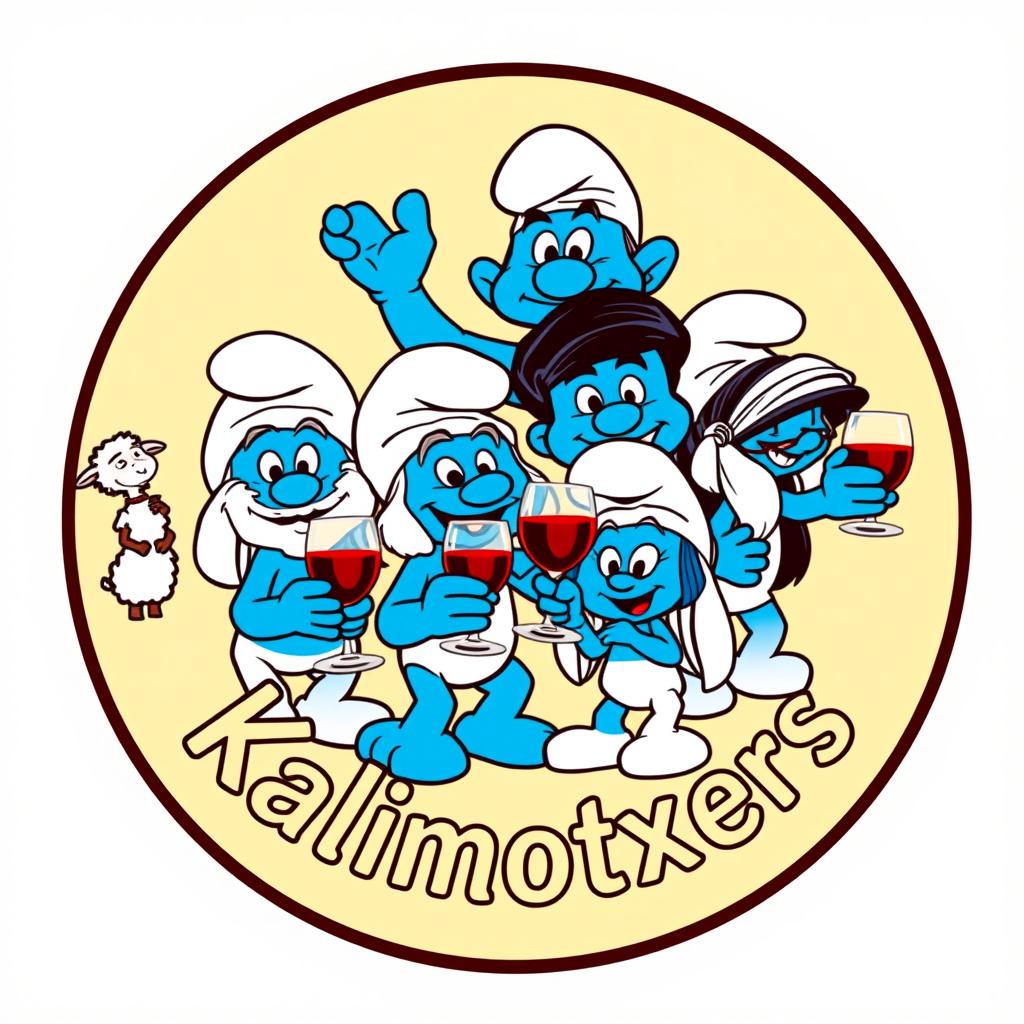 A round logo featuring the Smurf family, all joyfully holding glasses of wine
