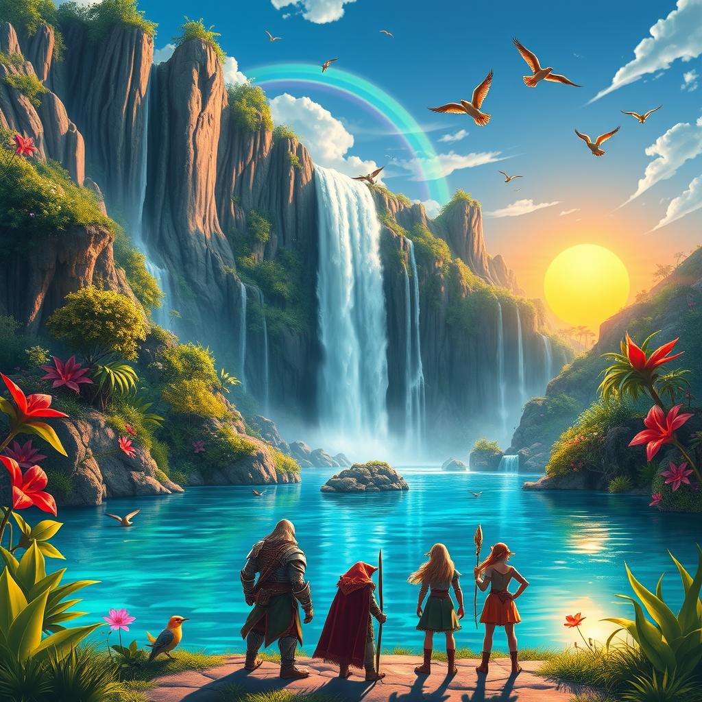 A vibrant and lush fantasy landscape featuring a majestic waterfall cascading down from high cliffs into a crystal clear lake surrounded by exotic flora