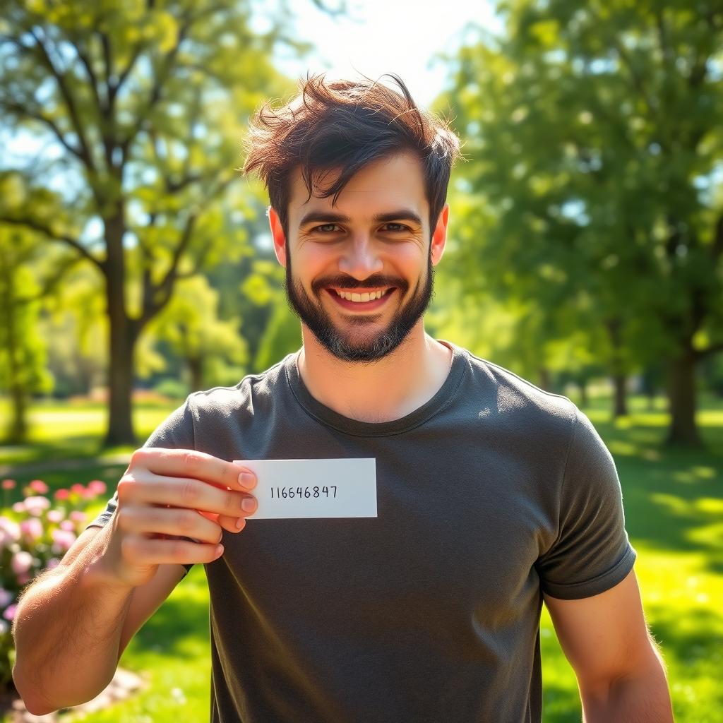 A rugged man with a charming smile, wearing a casual t-shirt, standing confidently in a lush green park