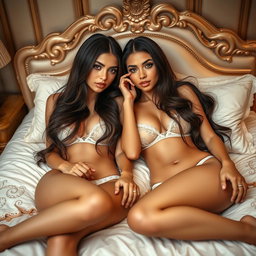 Two gorgeous young tan Arabic twin sisters with long, flowing brunette hair, showcasing their thin and petite bodies, small cup sizes, and small booties, dressed in enticing lingerie