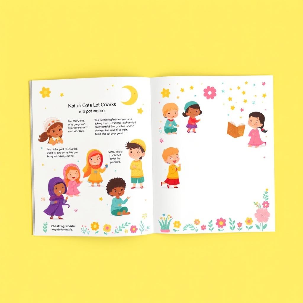 A complete A4 layout featuring a front page on the right and a back page on the left, designed with captivating Islamic-themed animations for children