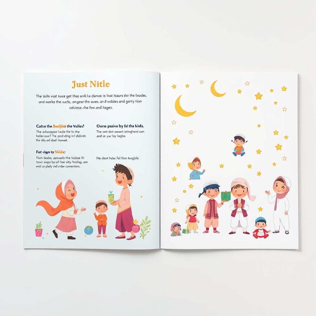 A complete A4 layout featuring a joyful Islamic theme for children, with the front page on the right and the back page on the left