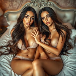 Two gorgeous young tan Arabic twin sisters with long, flowing brunette hair, showcasing their thin and petite bodies, small cup sizes, and small booties, dressed in alluring lingerie