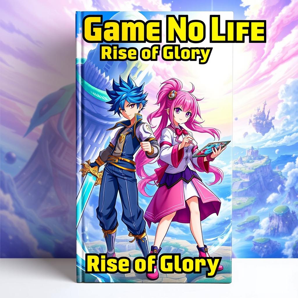 An eye-catching and dynamic book cover for 'No Game No Life: Rise of Glory', featuring two vibrant anime-inspired characters standing confidently in a fantastical gaming world