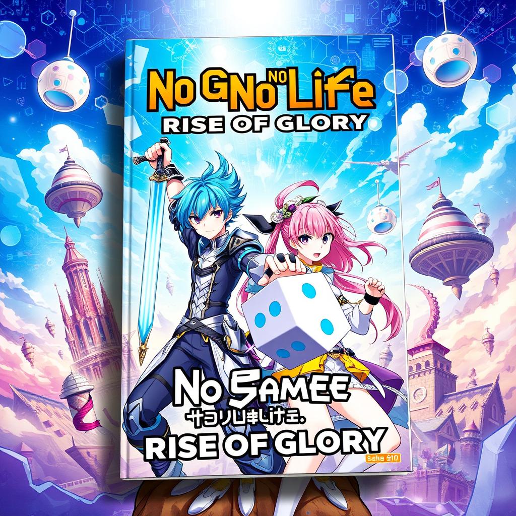 A visually striking book cover for 'No Game No Life: Rise of Glory', featuring two charismatic anime characters at the forefront, each exhibiting unique styles that reflect their personalities