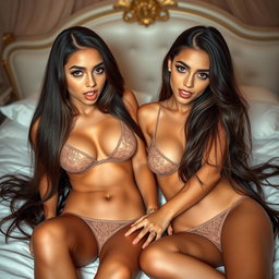 Two gorgeous young tan Arabic twin sisters with long, flowing brunette hair, showcasing their thin and petite bodies, small cup sizes, and small booties, dressed in alluring lingerie