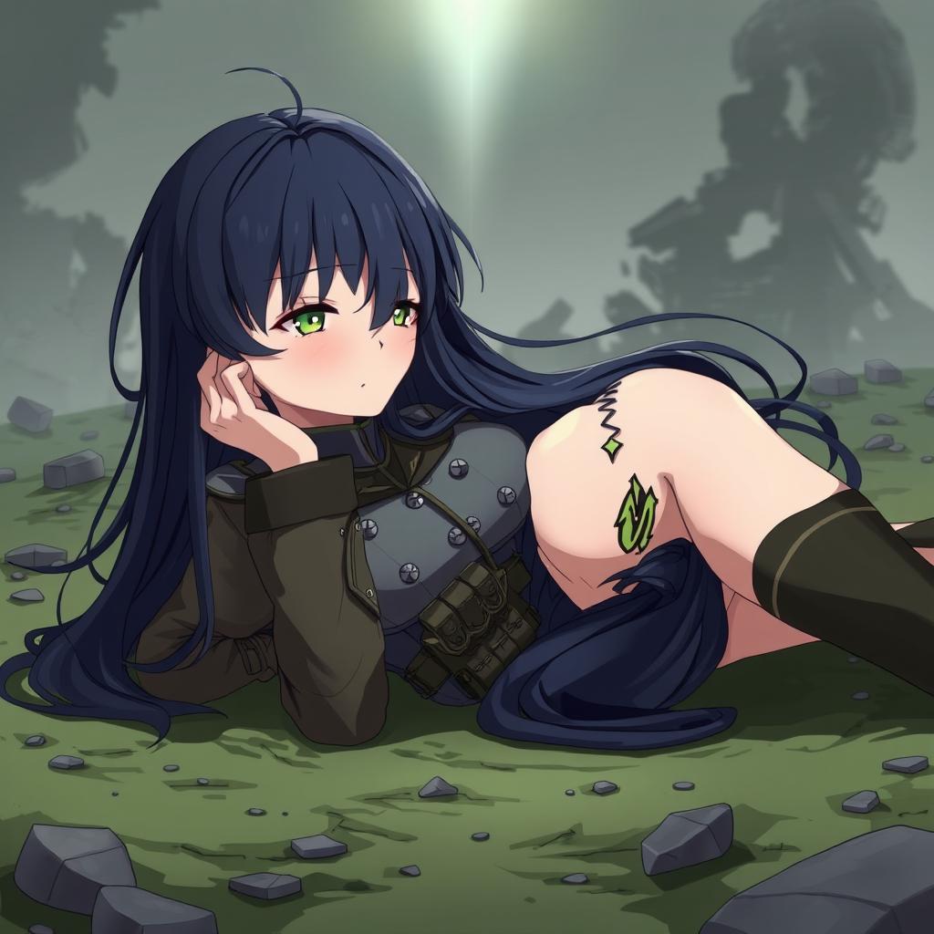 A stylized anime illustration of a female soldier in a dramatic and somber pose, lying on the ground