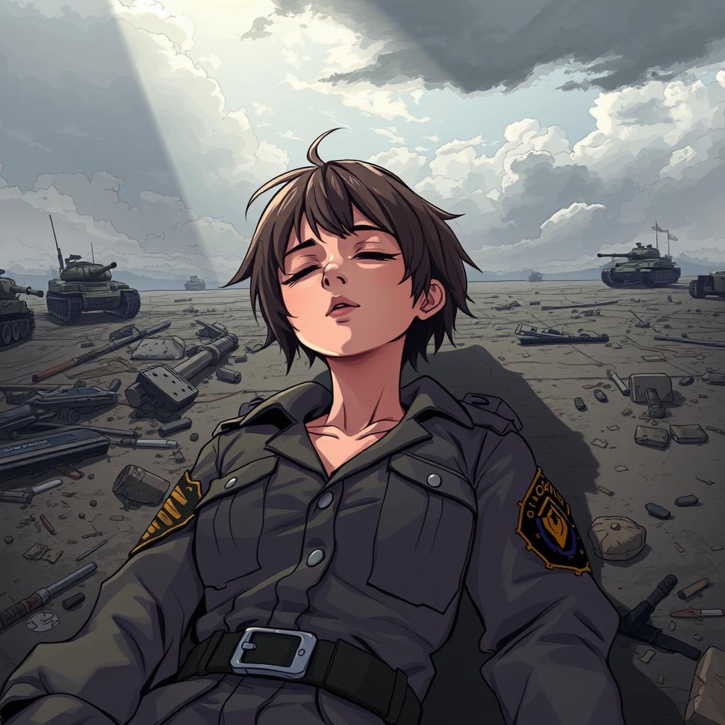 An animated-style illustration of a female soldier as a corpse in a poignant scene