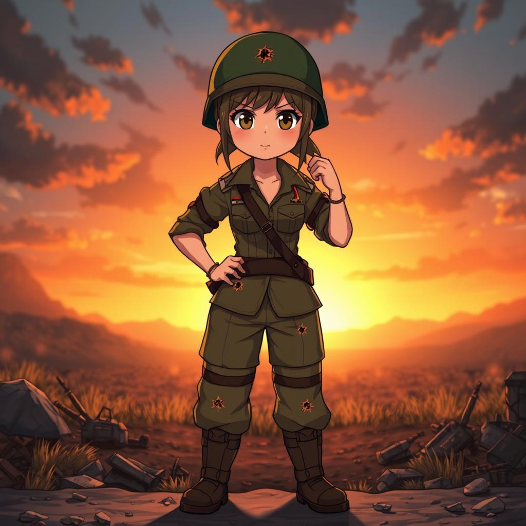 A female soldier character in an animated style, depicted full body with bullet holes in her attire, conveying a sense of bravery and sacrifice