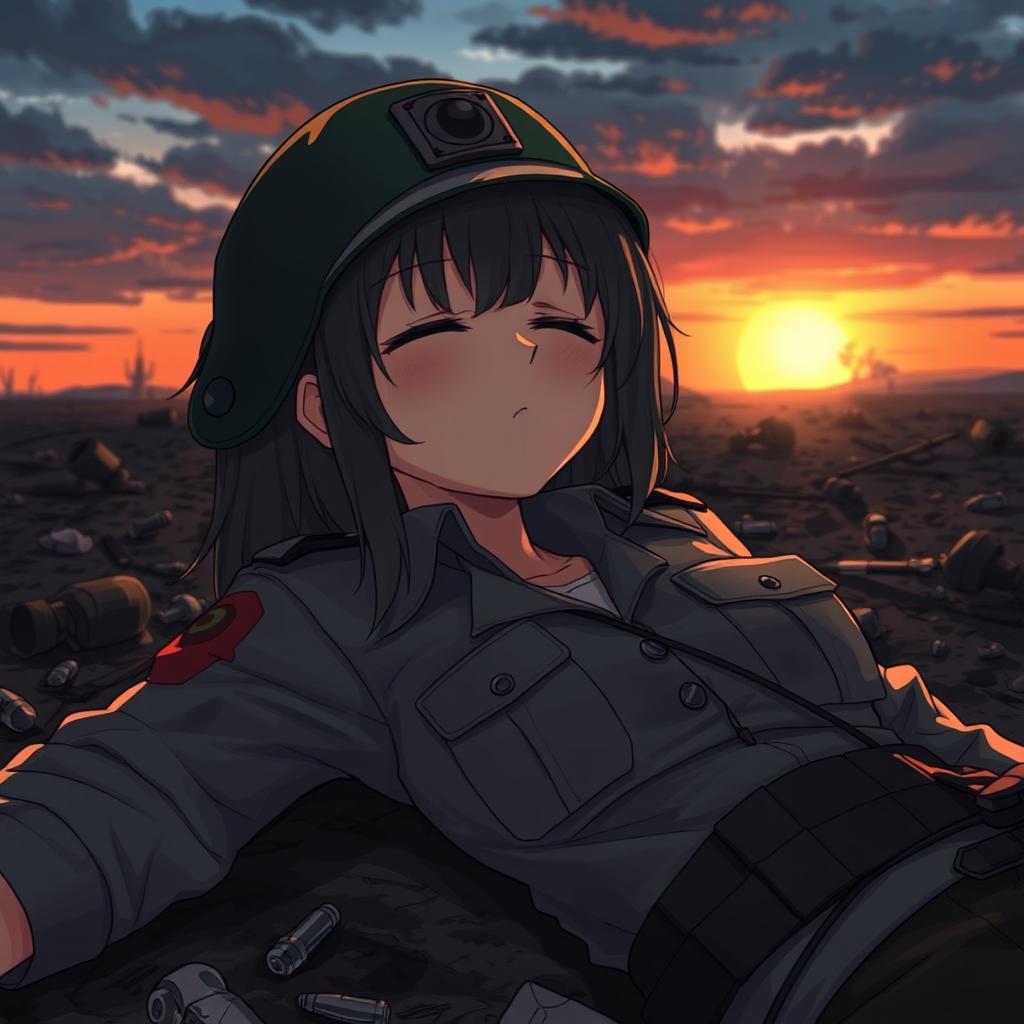 A female soldier character in an animated style, depicted lying on the ground with bullet holes in her attire, conveying a poignant sense of sacrifice