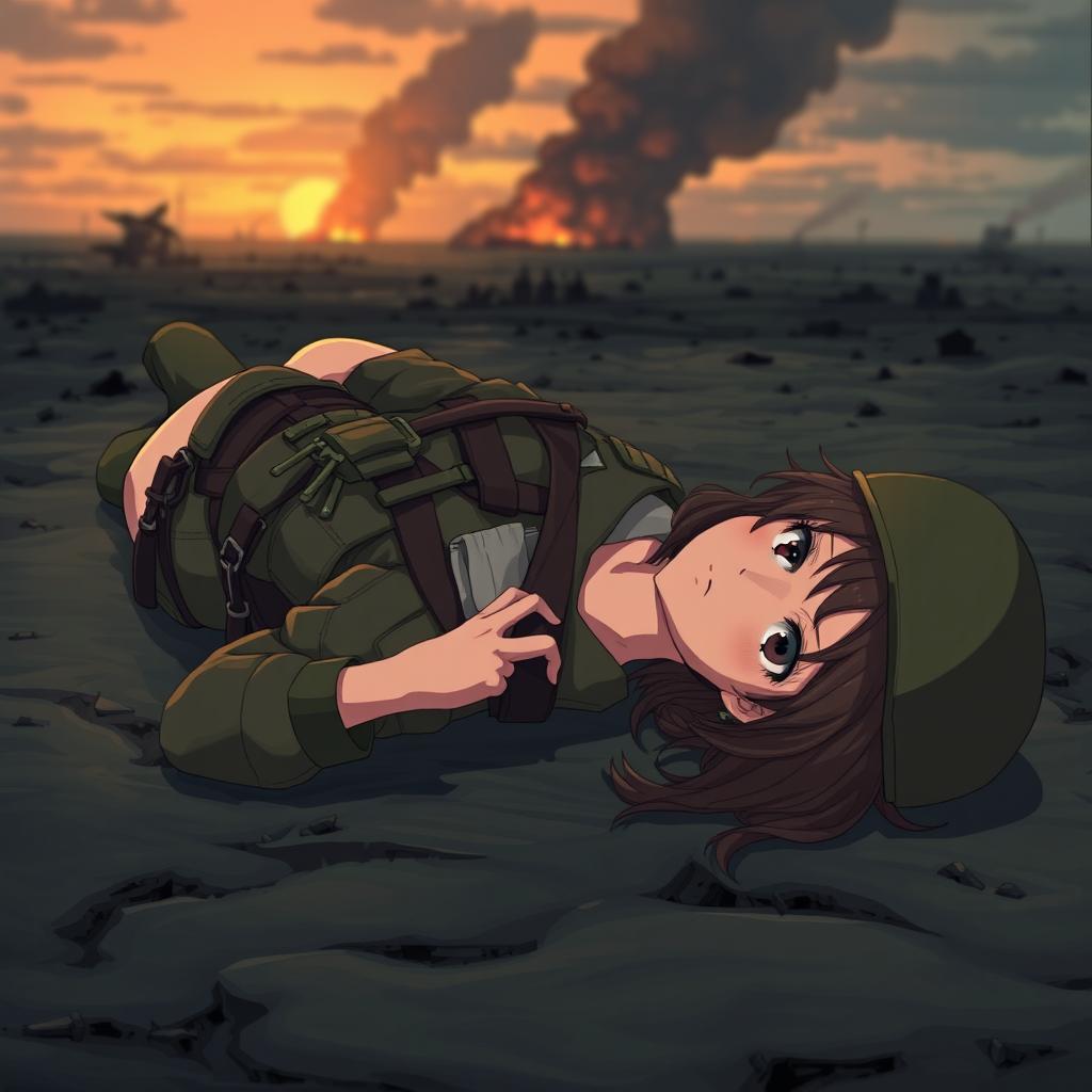 A female soldier character in an animated style, depicted full body lying on the ground, showcasing her lifeless form with a serene expression