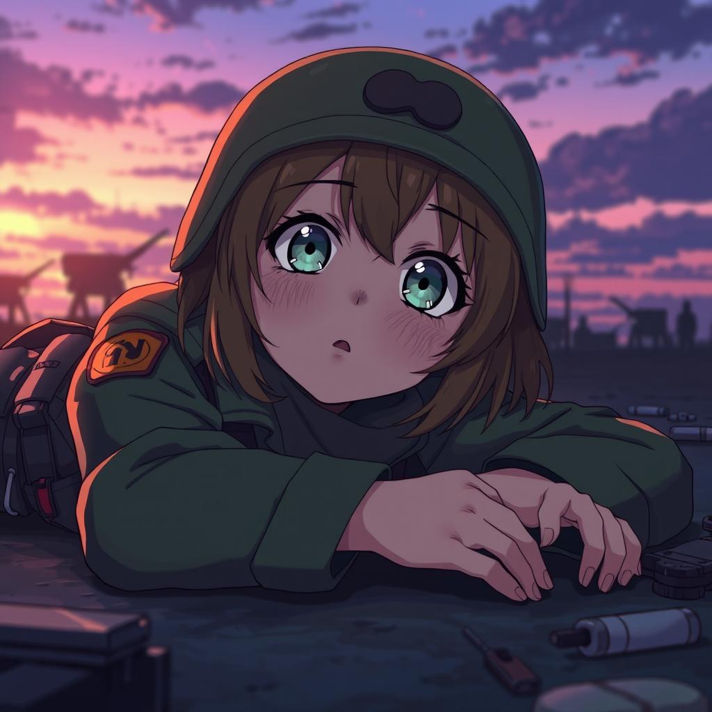 A female soldier character in an animated style, depicted lying on the ground with her eyes wide open, conveying a haunting yet serene expression