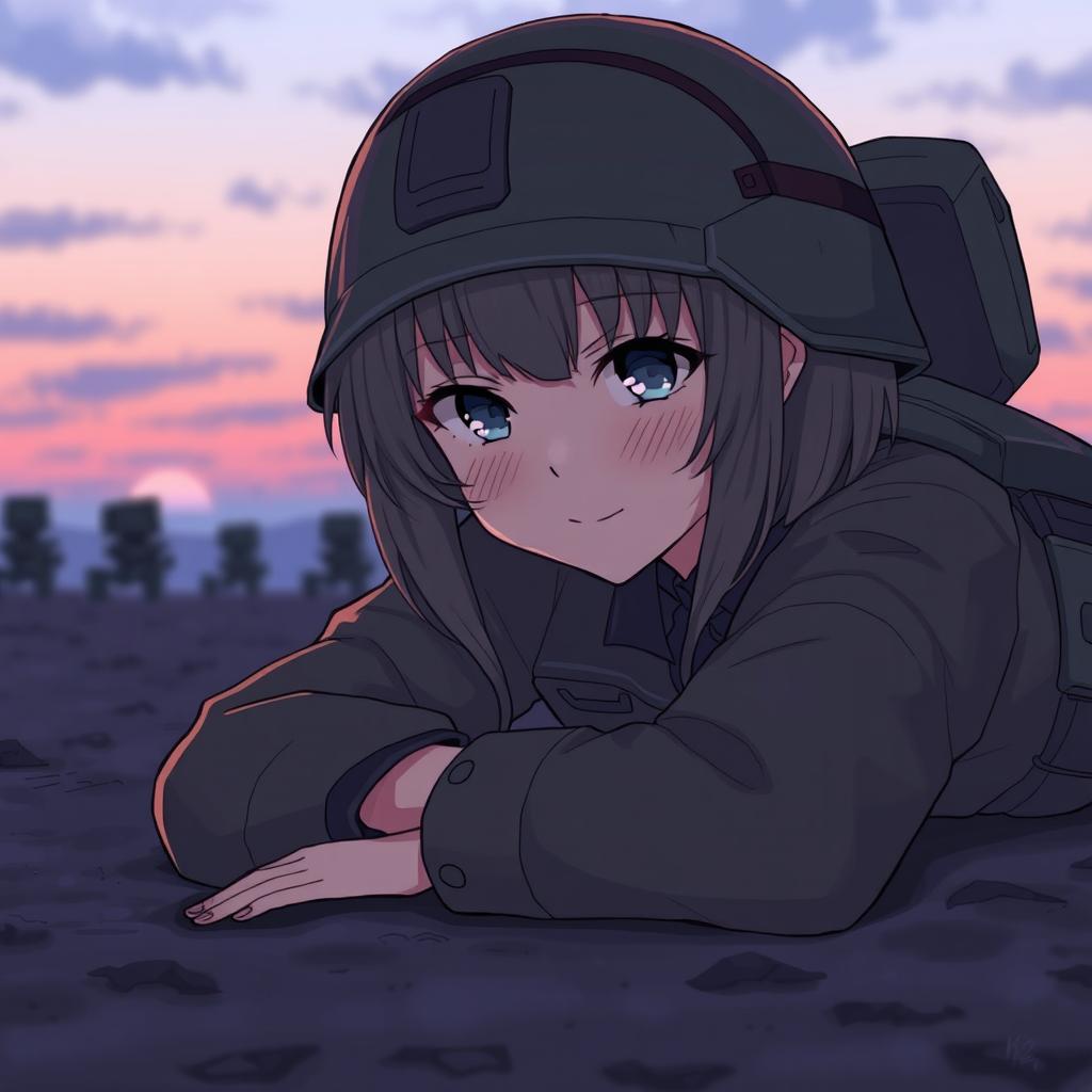 A female soldier character in an animated style, depicted from the waist up, laying on the ground with a serene expression on her face despite the circumstances