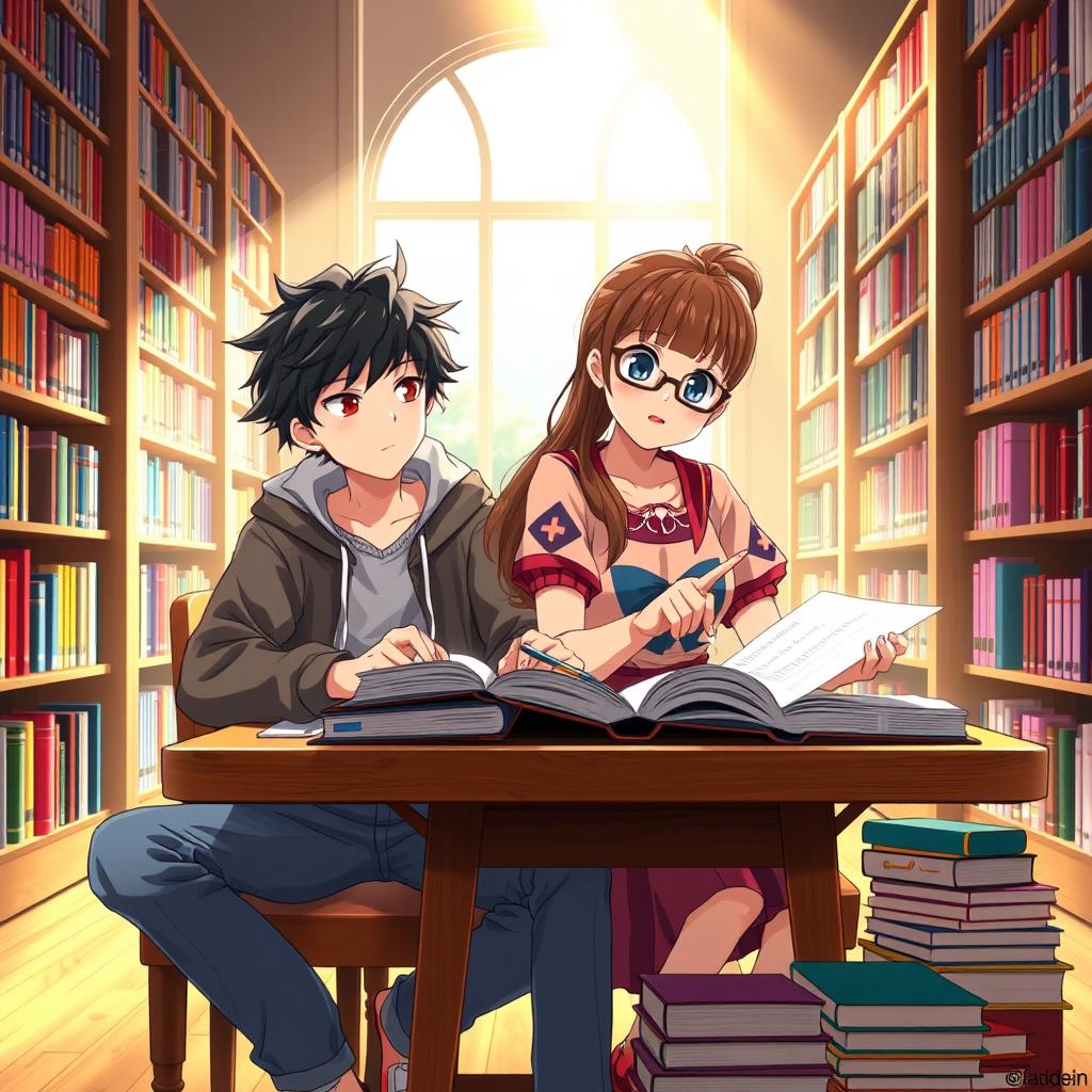An anime scene featuring a young boy and girl studying together in a school library