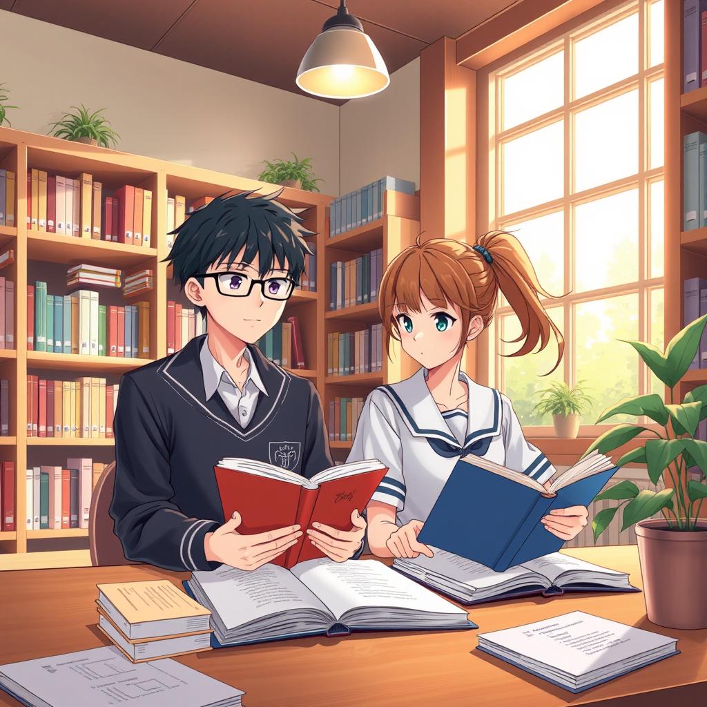 An anime-style illustration of two teenagers, a boy and a girl, studying together in a school library