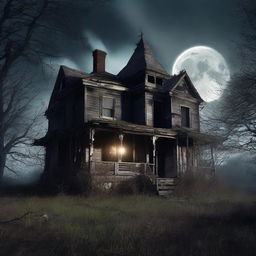 An aura of mystery surrounds a spooky haunted house on an ominous night. The house is in decrepit condition, looming tall over a moonlit landscape with overgrown trees framing it.